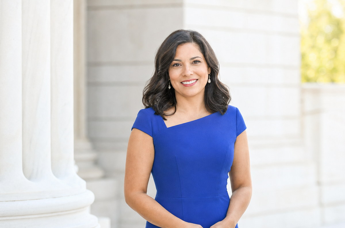 Environmental professional portrait in a blue dress beside light architectural columns.