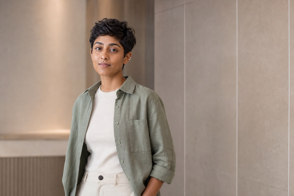 Professional workplace portrait in an olive overshirt against a softly lit interior.
