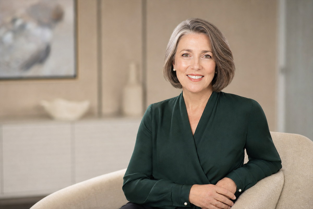 Professional seated portrait in a dark green top in a softly lit office setting.